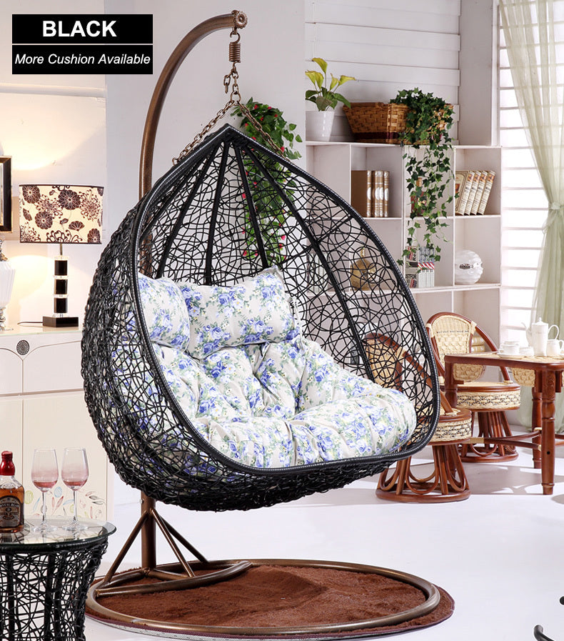 Hanging Rattan Swing Patio Garden Chair Weave Egg Cushion - black/Double