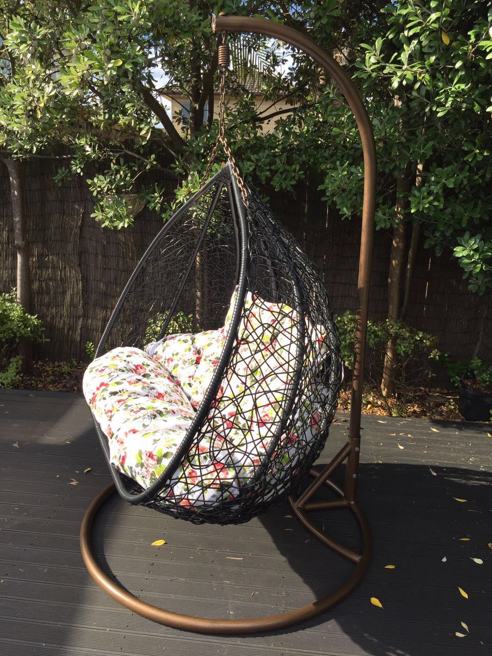 Hanging Rattan Swing Patio Garden Chair Weave Egg Cushion - black/Double