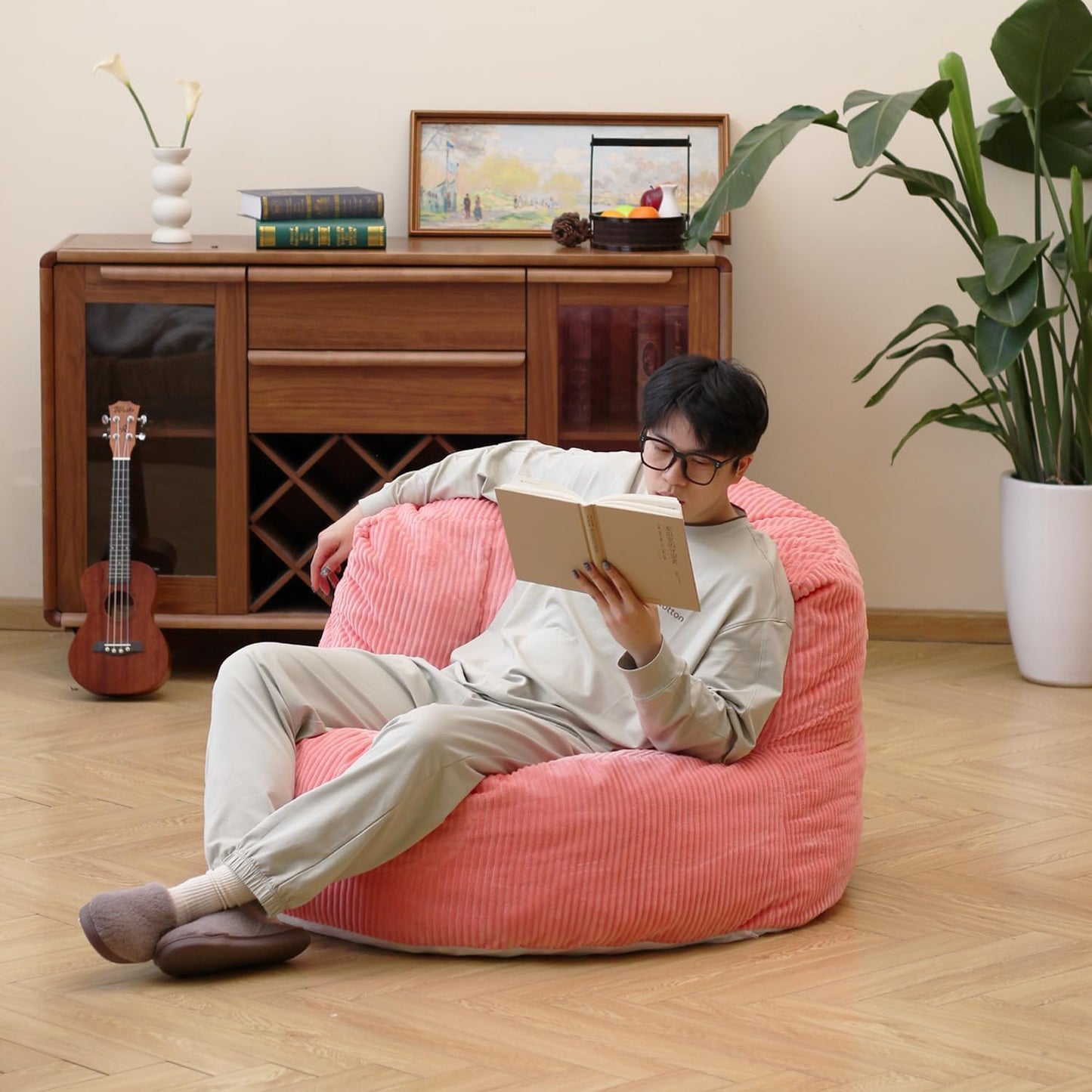 Corduroy Single Sofa with Wide Backrest PINK