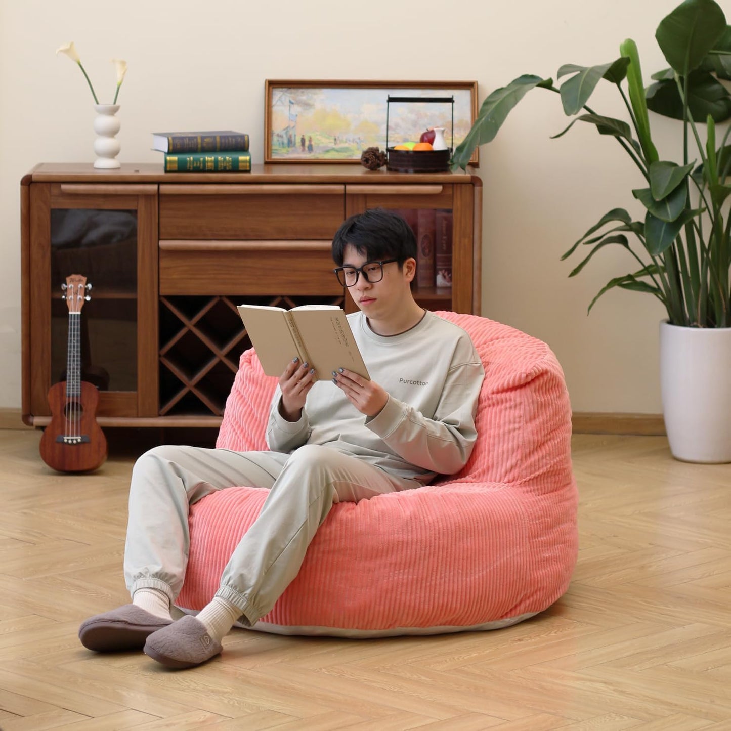 Corduroy Single Sofa with Wide Backrest PINK