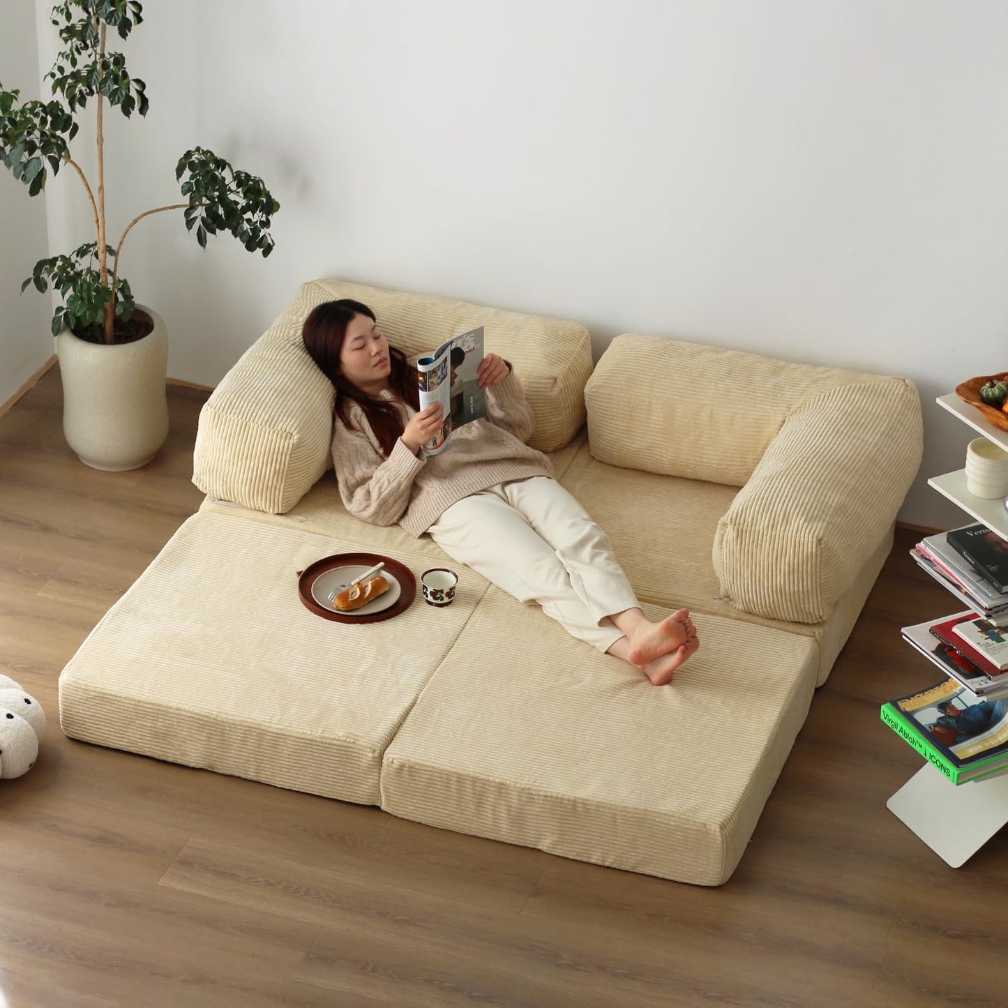 Beige Free Combination Convertible Folding Sofa Bed, Armless Foam Floor Sofa, Sleeper Floor Couch for Living Room and Bedroom Sleeper Chair with Pillow Twin Size