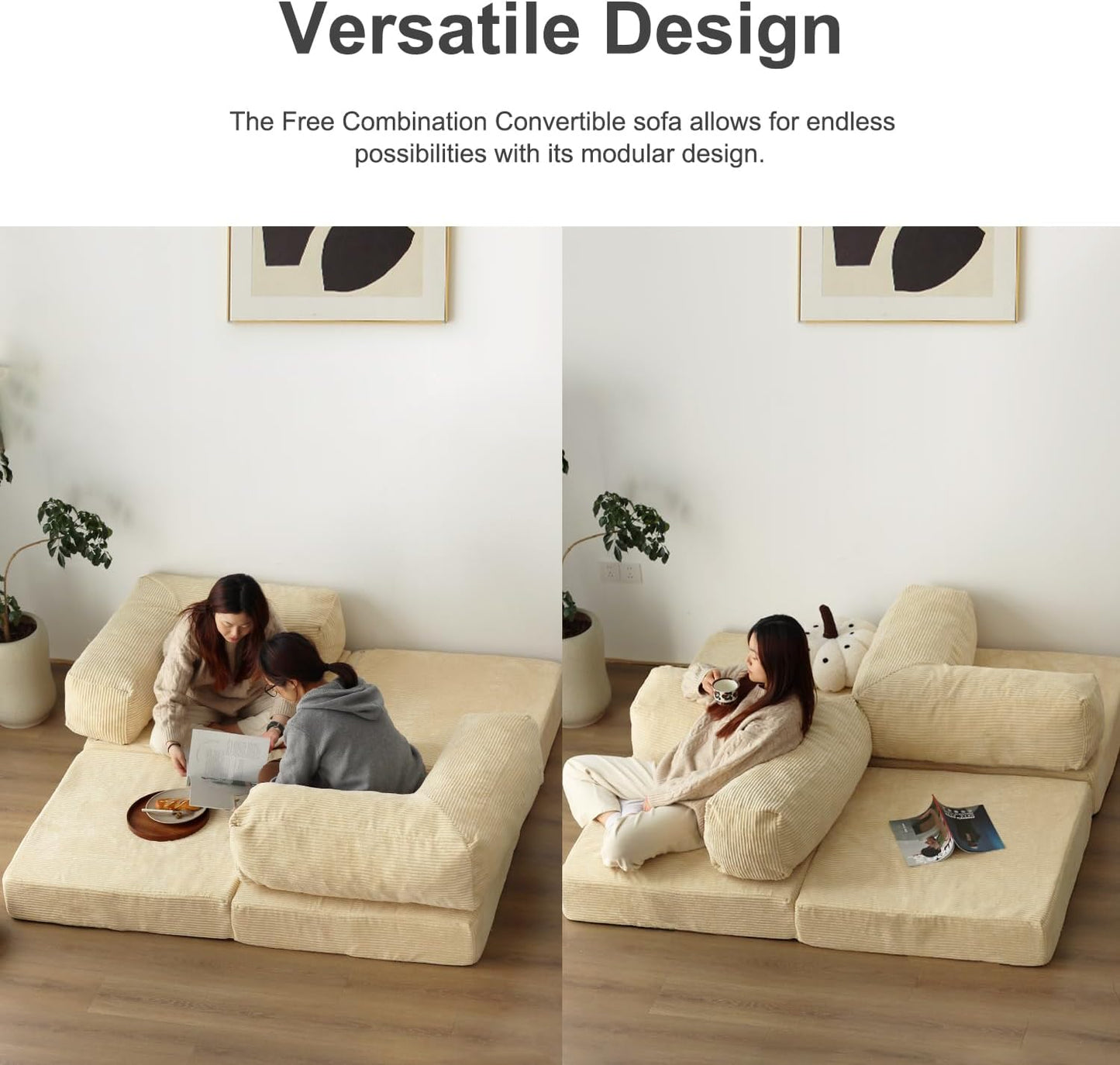 Beige Free Combination Convertible Folding Sofa Bed, Armless Foam Floor Sofa, Sleeper Floor Couch for Living Room and Bedroom Sleeper Chair with Pillow Twin Size