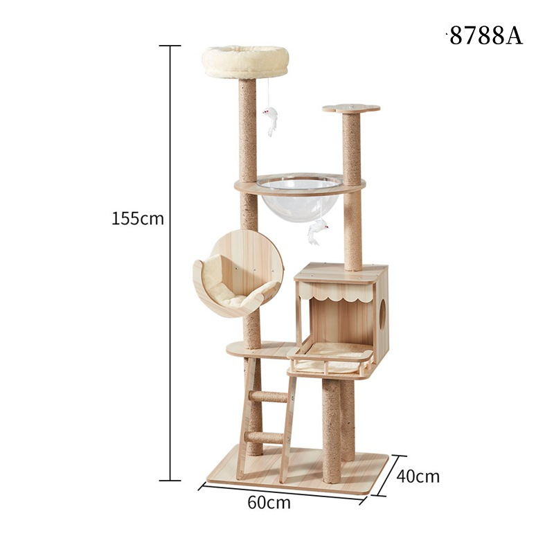 155cm Modern Multi-Level Large Real Solid Wood Cat Tree, Luxury Wooden Cat Tower