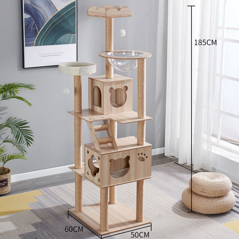 185cm Modern Multi-Level Large Real Solid Wood Cat Tree, Luxury Wooden Cat Tower