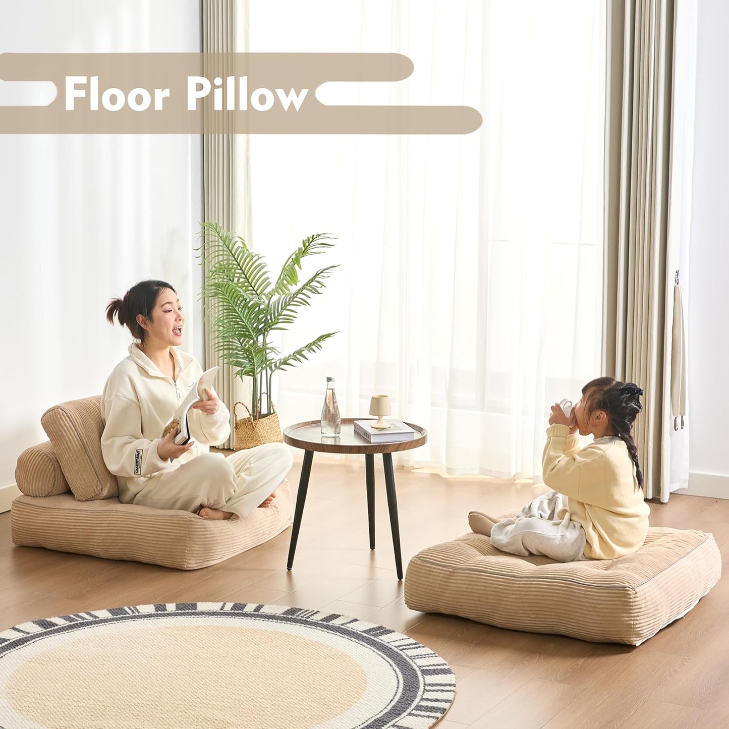 35.4x33.5 Inch Floor Pillow, Large Round Floor Cushion with Removable Washable Cover - Ultra Soft Plush Filling for Adults, Kids, Lounge, Bedroom, Reading Nook, Meditation, Corduroy KHAKI