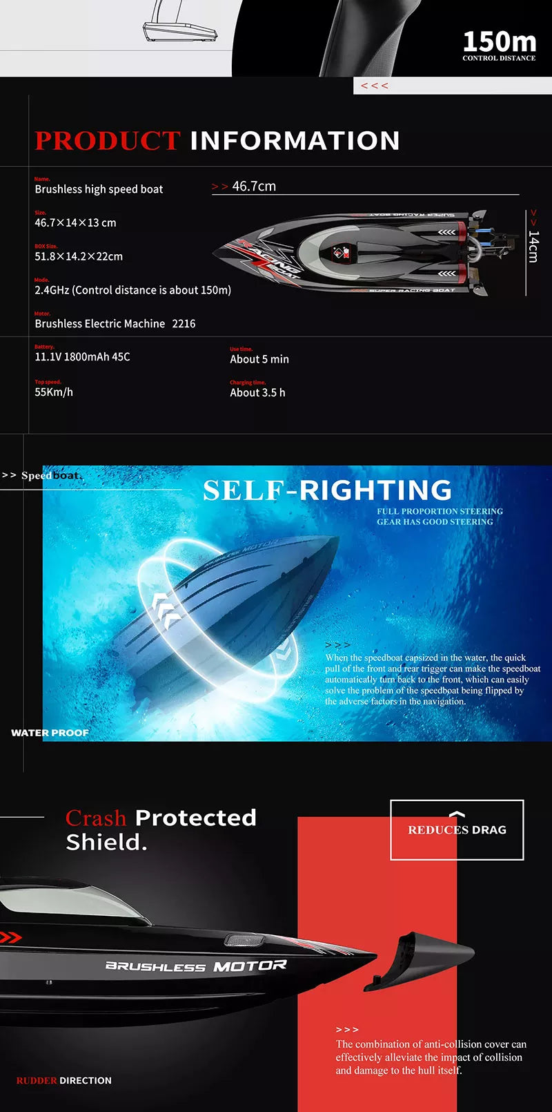 55km/h Brushless Motor High Speeds R/C Boat 2.4G w/ LED Light Water Cooling