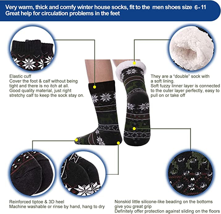 6 Pairs Mens Slipper Fuzzy Socks Winter Super Warm Soft Socks with Grippers