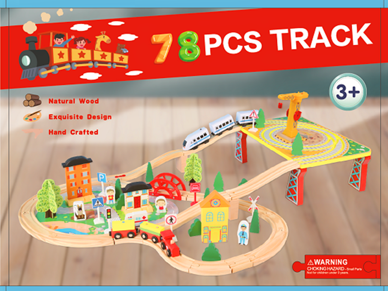 78 Pcs Wooden Railway Track Toy Early Educational Manual Control Car Set Gift
