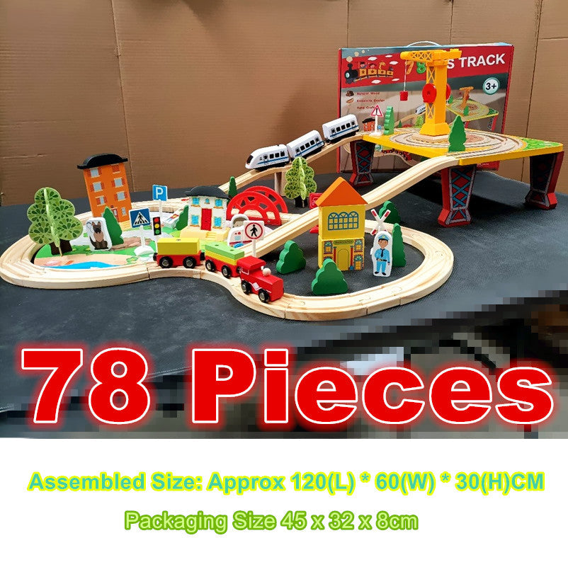 78 Pcs Wooden Railway Track Toy Early Educational Manual Control Car Set Gift