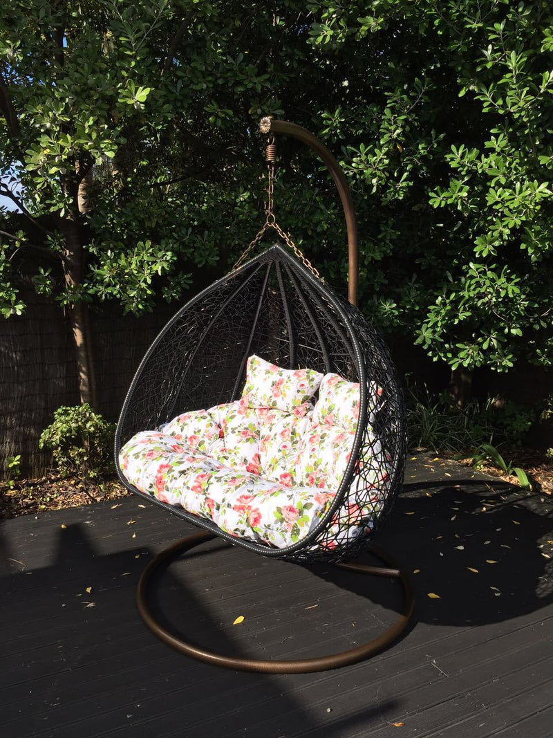 Hanging Rattan Swing Patio Garden Chair Weave Egg Cushion - black/Double