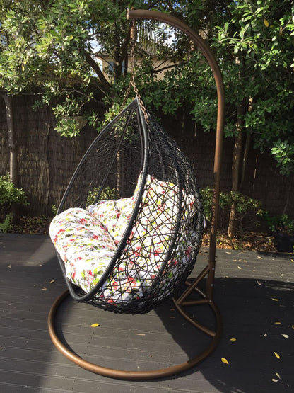 Hanging Rattan Swing Patio Garden Chair Weave Egg Cushion - black/Double