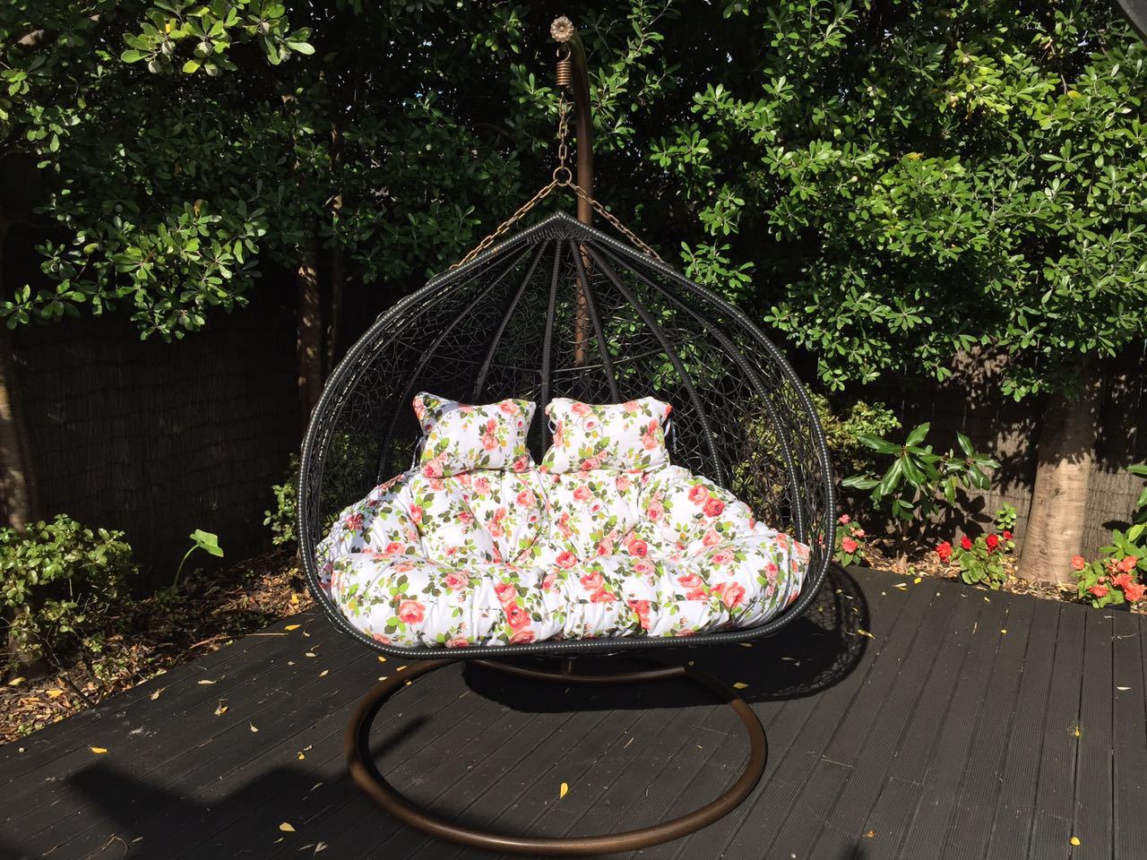 Hanging Rattan Swing Patio Garden Chair Weave Egg Cushion - black/Double