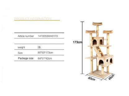 173CM High - Cat Tree House Scratching Post Condo - Grey