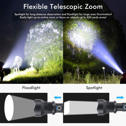LED Torch Rechargeable High Lumens Flashlight with two 26650 Batteries