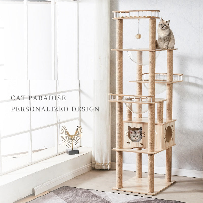 185cm Modern Multi-Level Large Real Solid Wood Cat Tree, Luxury Wooden Cat Tower
