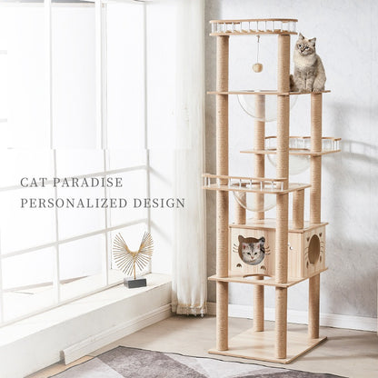 185cm Modern Multi-Level Large Real Solid Wood Cat Tree, Luxury Wooden Cat Tower