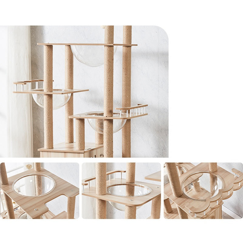 185cm Modern Multi-Level Large Real Solid Wood Cat Tree, Luxury Wooden Cat Tower