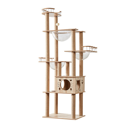 185cm Modern Multi-Level Large Real Solid Wood Cat Tree, Luxury Wooden Cat Tower