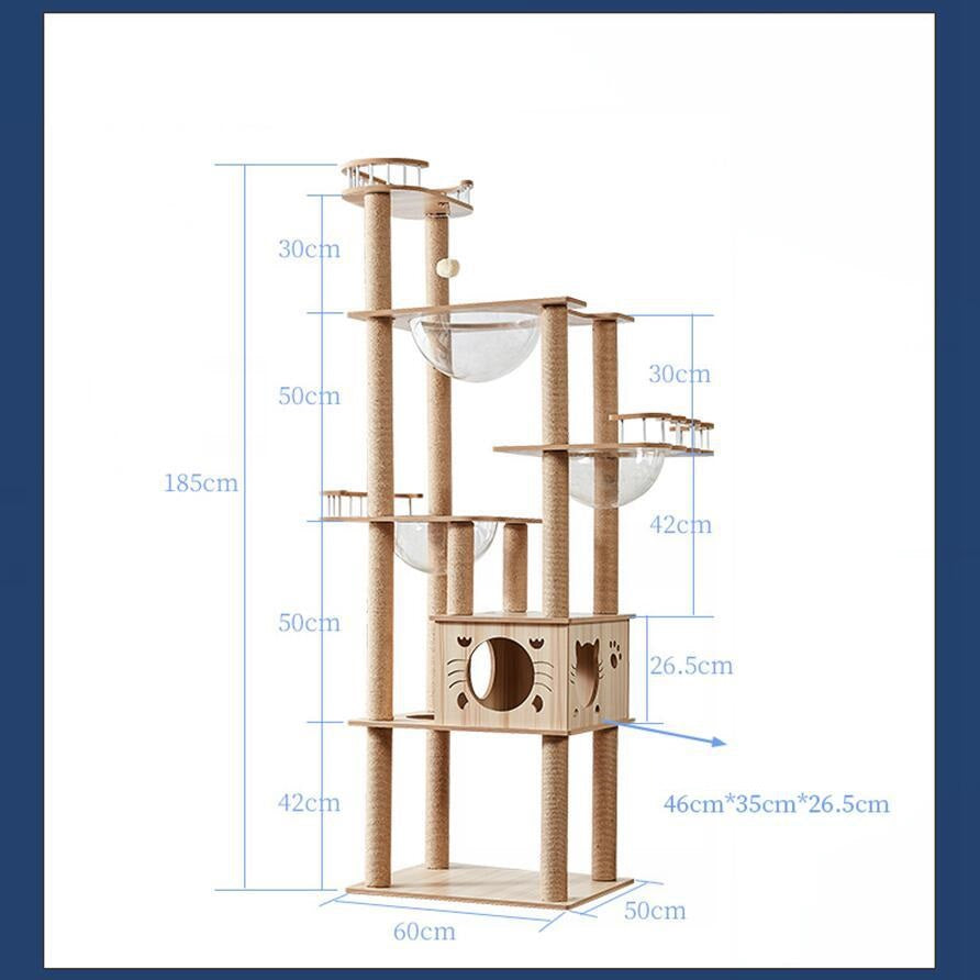 185cm Modern Multi-Level Large Real Solid Wood Cat Tree, Luxury Wooden Cat Tower
