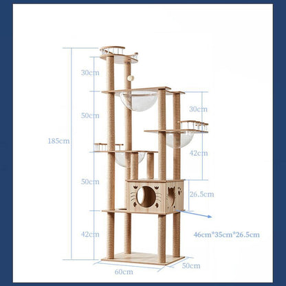 185cm Modern Multi-Level Large Real Solid Wood Cat Tree, Luxury Wooden Cat Tower