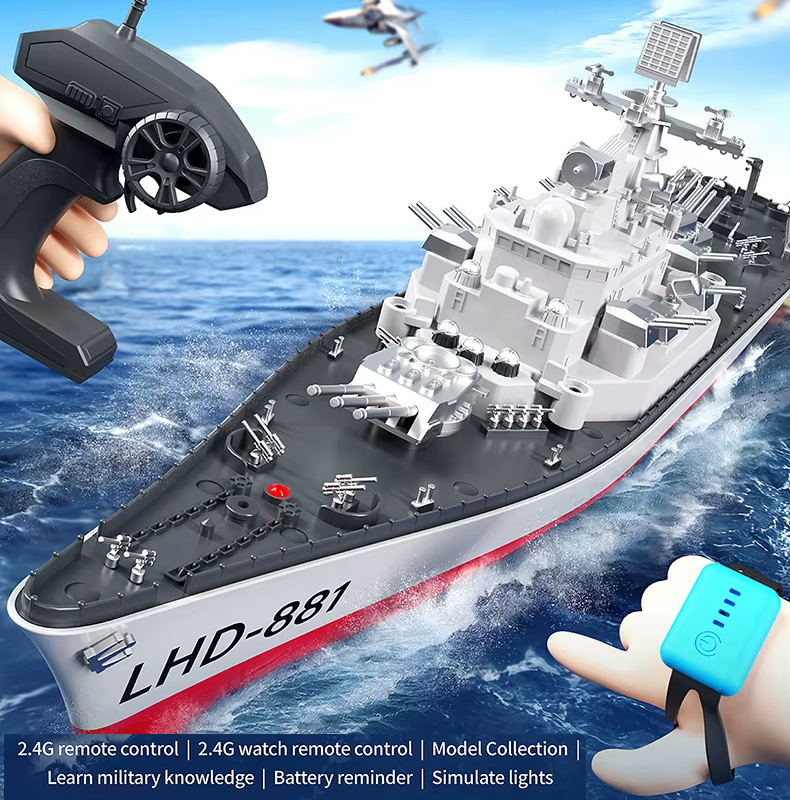 60cm Giant RC Battleship Boat Toy | 2.4GHz Remote w/ Watch Controller | Waterproof LED Lights | Pool, Lake, Beach | NZ Stock"