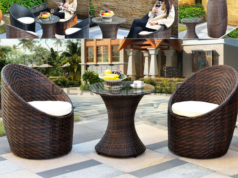 Brown PE/PVC Rattan Round 2 Chairs & 1 Side Table Set