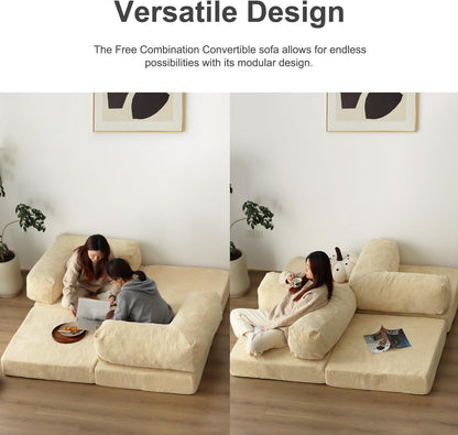 Beige Free Combination Convertible Folding Sofa Bed, Armless Foam Floor Sofa, Sleeper Floor Couch for Living Room and Bedroom Sleeper Chair with Pillow Twin Size