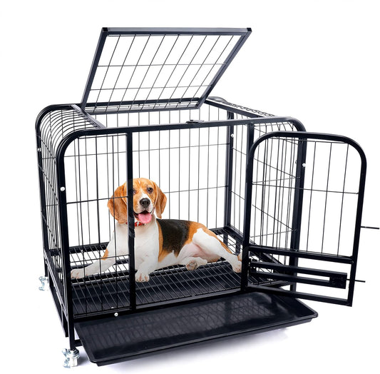 75CM Metal Pet Cage 2 Doors with Wheels Black