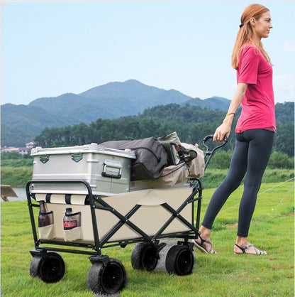 Foldable Outdoor Trolley Picnic Camping Cart 360° Rotating Wheels Table Plate