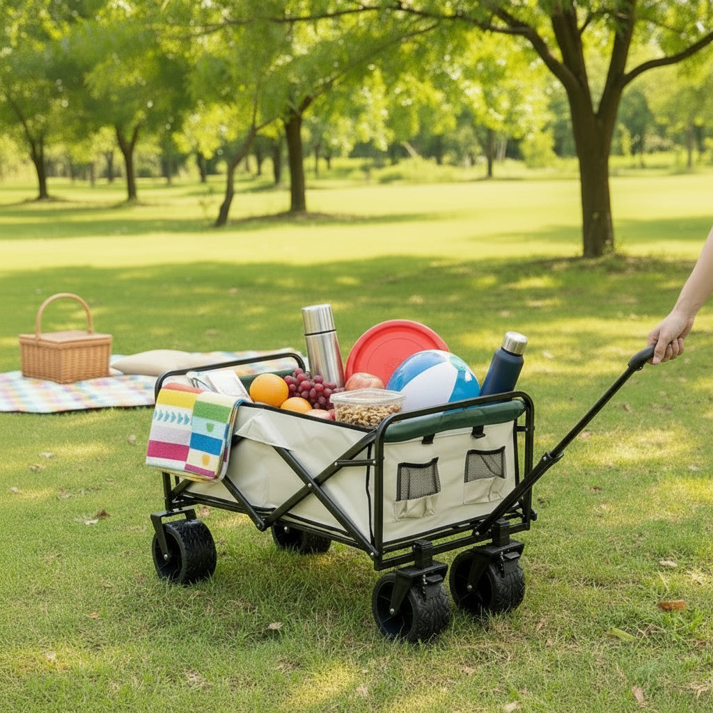 Foldable Outdoor Trolley Picnic Camping Cart 360° Rotating Wheels Table Plate