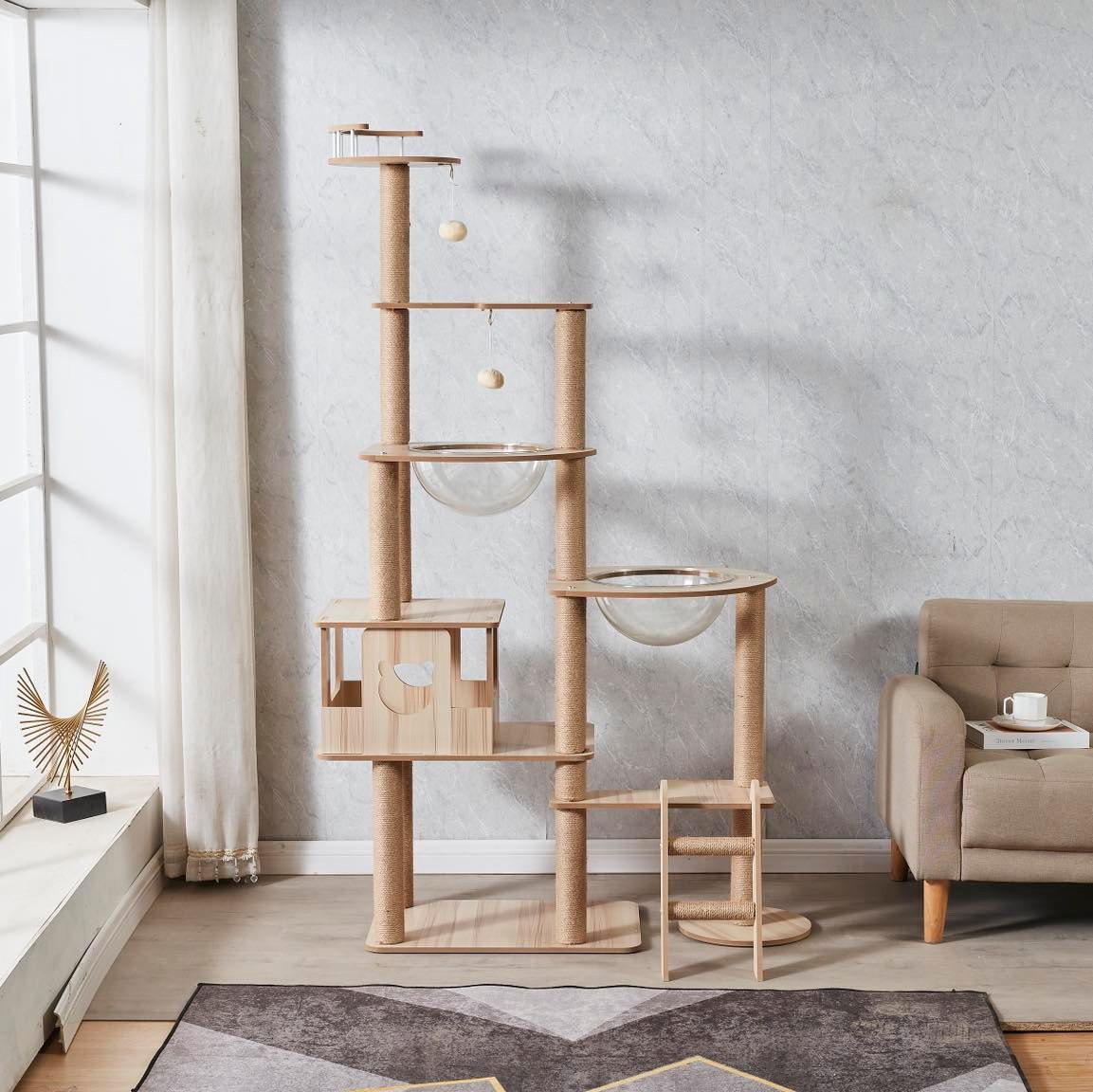 175cm Modern Multi-Level Large Real Solid Wood Cat Tree, Luxury Wooden Cat Tower
