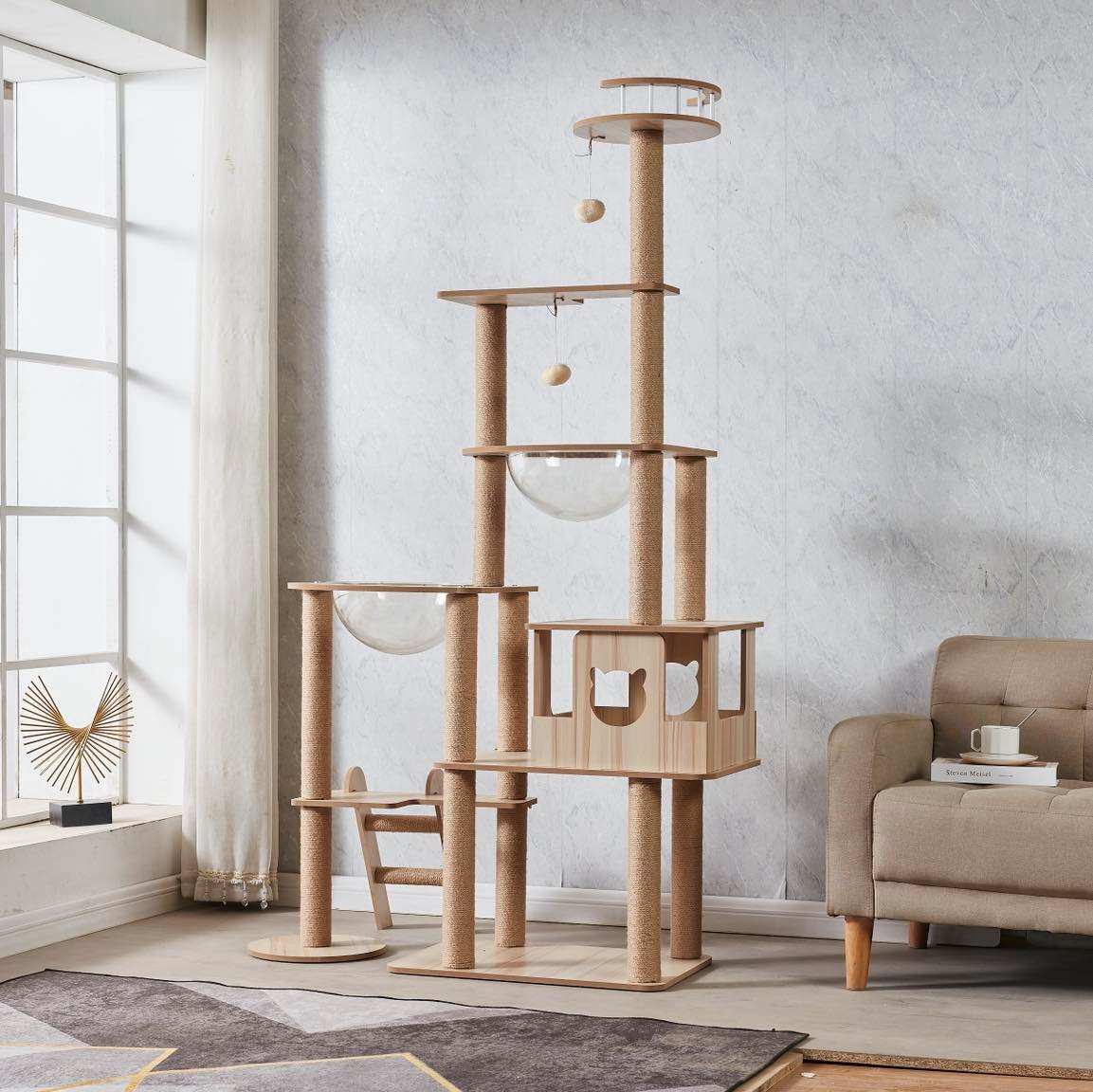 175cm Modern Multi-Level Large Real Solid Wood Cat Tree, Luxury Wooden Cat Tower