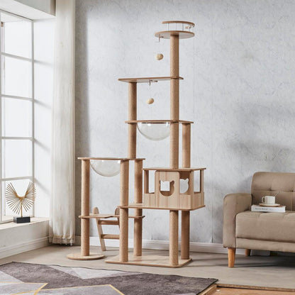 175cm Modern Multi-Level Large Real Solid Wood Cat Tree, Luxury Wooden Cat Tower