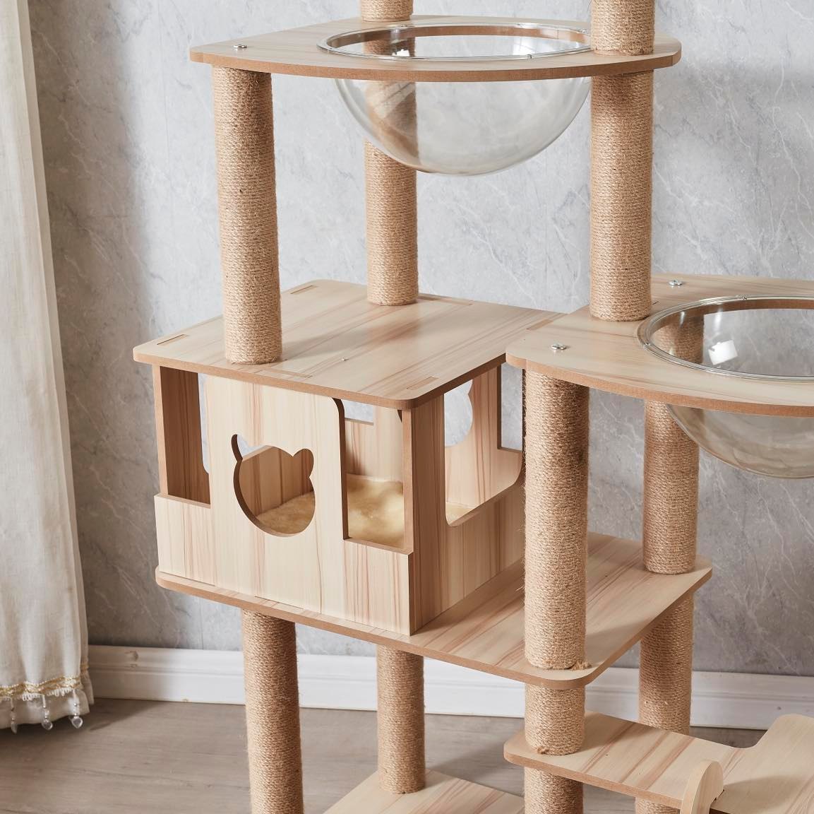 175cm Modern Multi-Level Large Real Solid Wood Cat Tree, Luxury Wooden Cat Tower