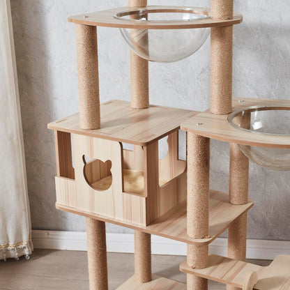 175cm Modern Multi-Level Large Real Solid Wood Cat Tree, Luxury Wooden Cat Tower