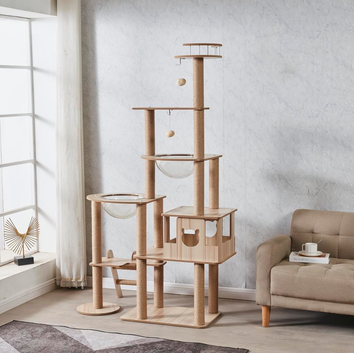 175cm Modern Multi-Level Large Real Solid Wood Cat Tree, Luxury Wooden Cat Tower