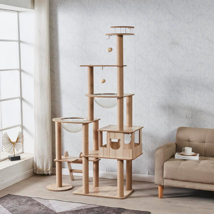 175cm Modern Multi-Level Large Real Solid Wood Cat Tree, Luxury Wooden Cat Tower