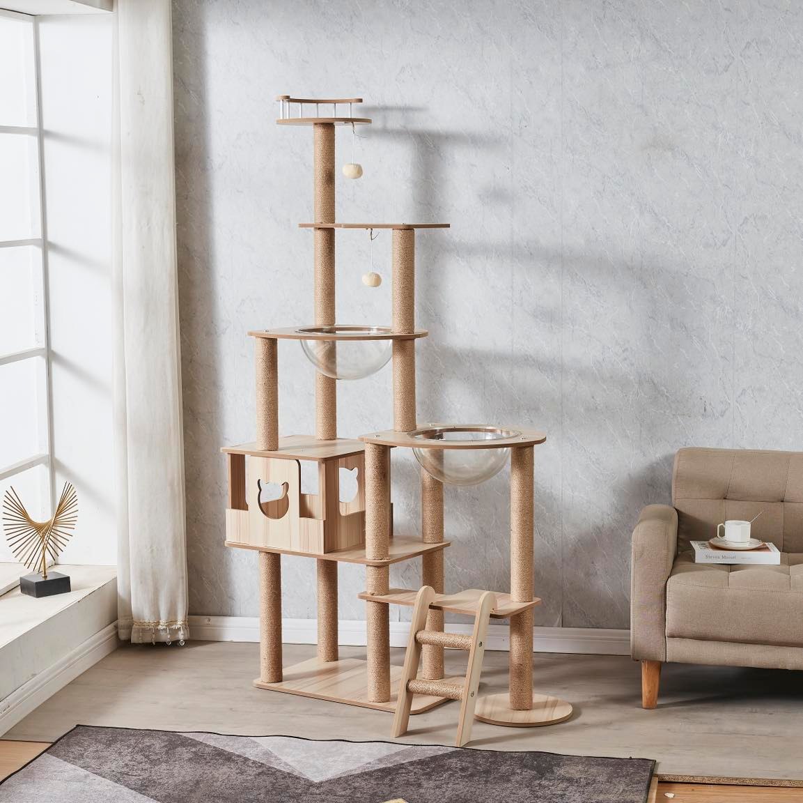 175cm Modern Multi-Level Large Real Solid Wood Cat Tree, Luxury Wooden Cat Tower