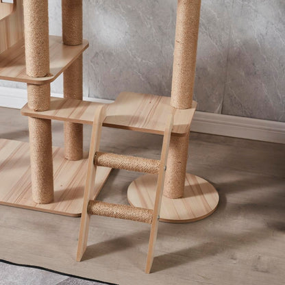 175cm Modern Multi-Level Large Real Solid Wood Cat Tree, Luxury Wooden Cat Tower