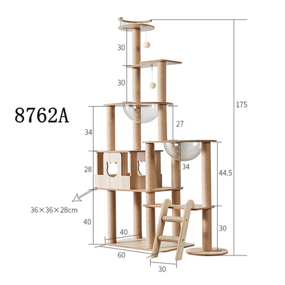 175cm Modern Multi-Level Large Real Solid Wood Cat Tree, Luxury Wooden Cat Tower
