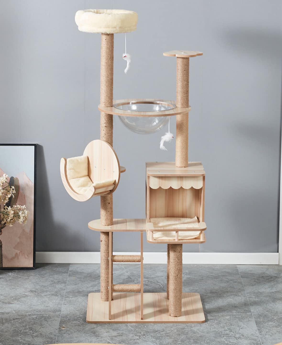 155cm Modern Multi-Level Large Real Solid Wood Cat Tree, Luxury Wooden Cat Tower