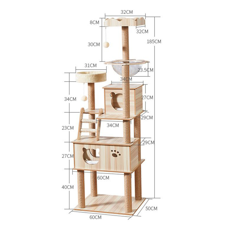 185cm Modern Multi-Level Large Real Solid Wood Cat Tree, Luxury Wooden Cat Tower