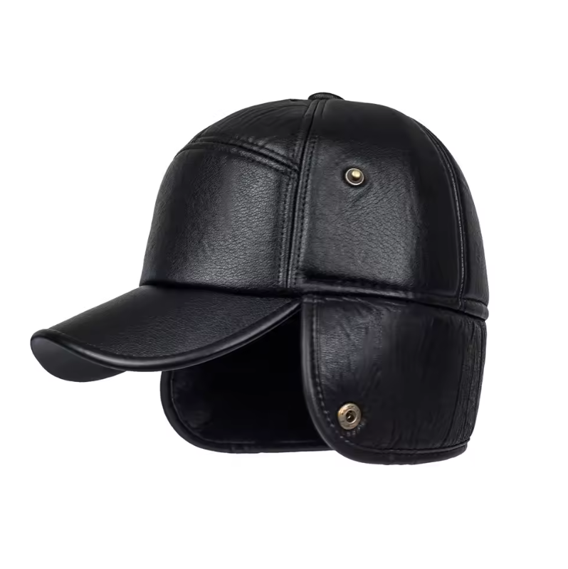 Winter PU Leather Cap with Ear Flaps Plush Lined Thermal Windproof Baseball Hat