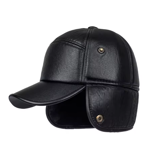 Winter PU Leather Cap with Ear Flaps Plush Lined Thermal Windproof Baseball Hat