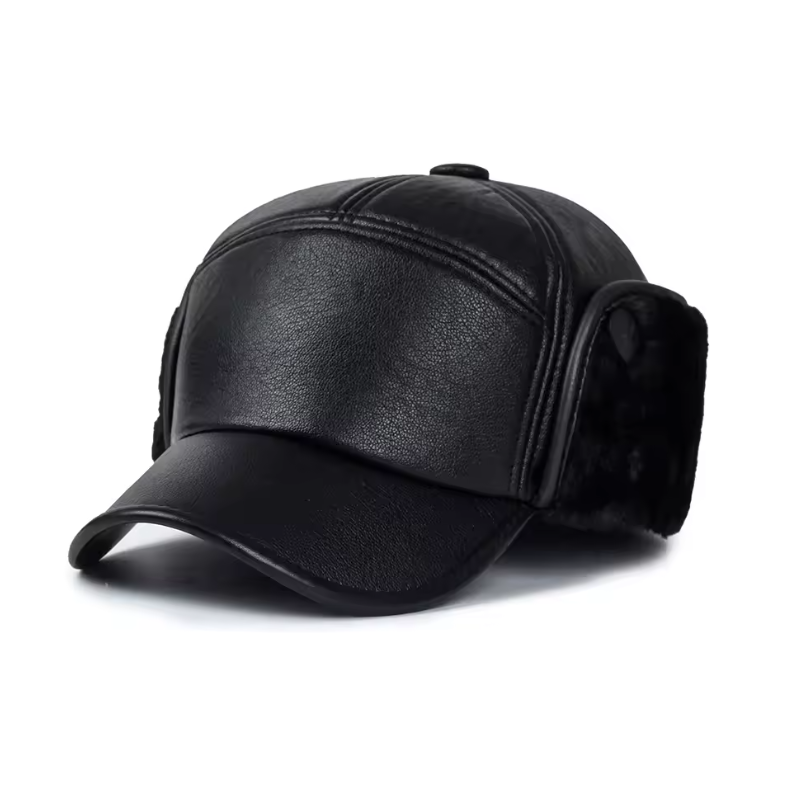 Winter PU Leather Cap with Ear Flaps Plush Lined Thermal Windproof Baseball Hat