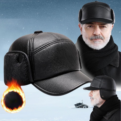 Winter PU Leather Cap with Ear Flaps Plush Lined Thermal Windproof Baseball Hat
