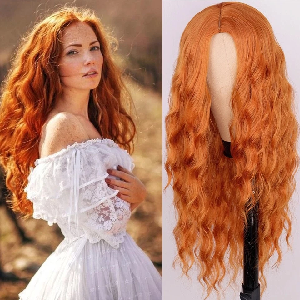 Orange Long Curly Wavy Hair Cosplay Full Wig Party