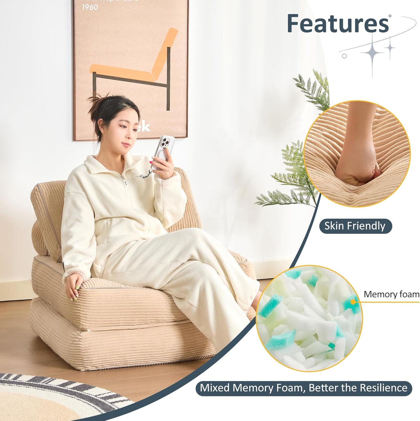 35.4x33.5 Inch Floor Pillow, Large Round Floor Cushion with Removable Washable Cover - Ultra Soft Plush Filling for Adults, Kids, Lounge, Bedroom, Reading Nook, Meditation, Corduroy KHAKI