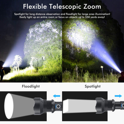 LED Torch Rechargeable High Lumens Flashlight with two 26650 Batteries