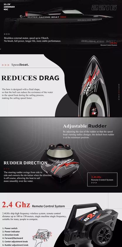 55km/h Brushless Motor High Speeds R/C Boat 2.4G w/ LED Light Water Cooling
